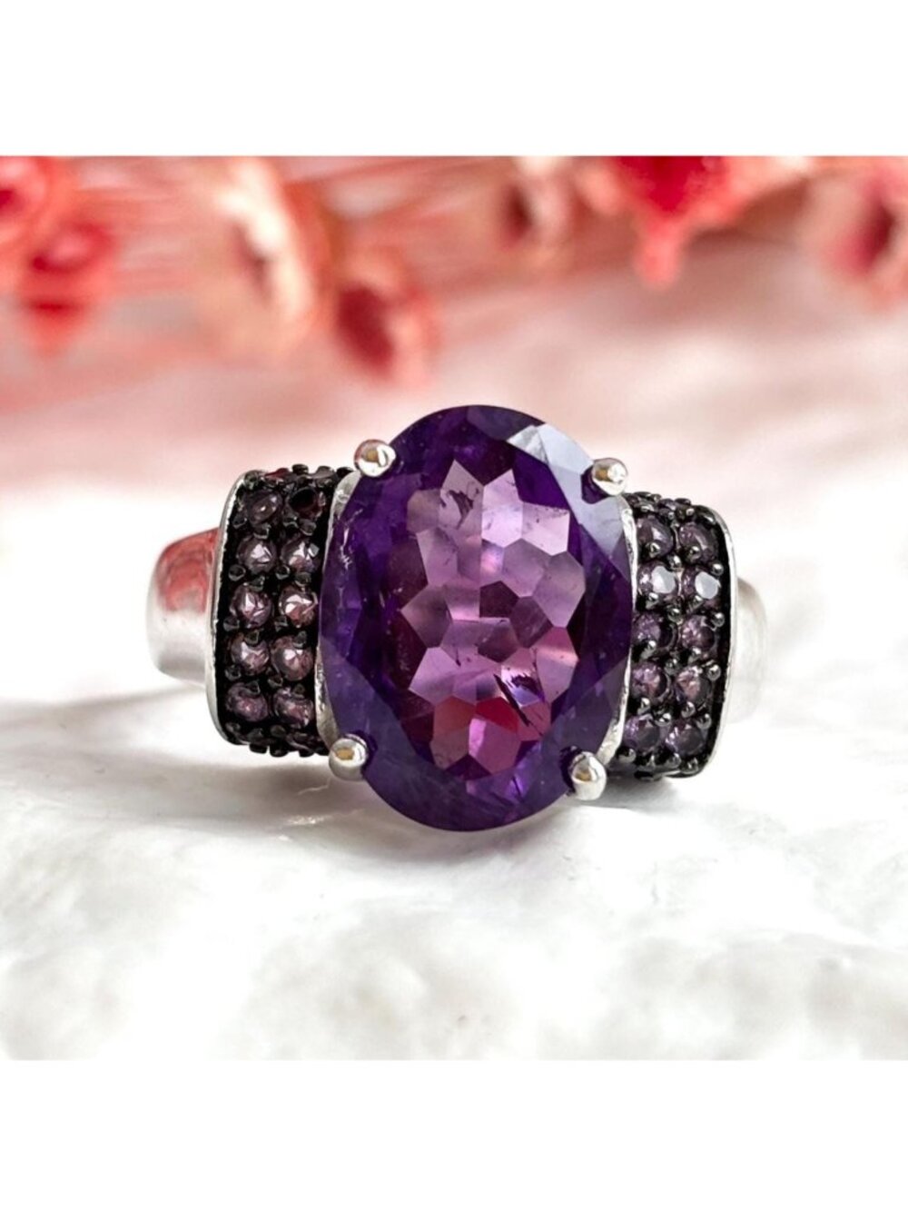 Multi Gemstone Amethyst Jumbo Sterling Silver 925 Vintage Ring - sz 8